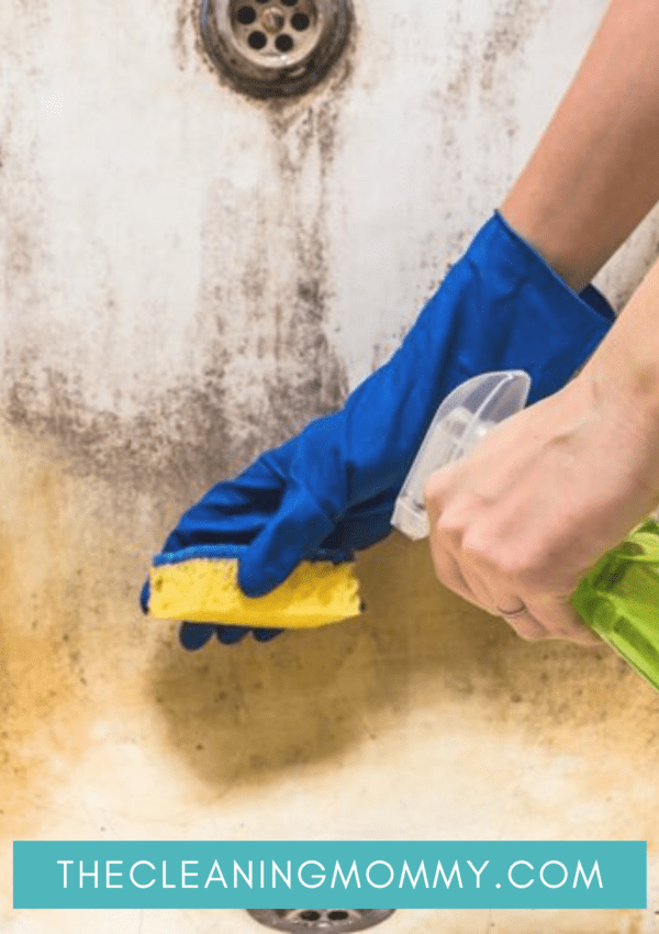 Cleaning a dirty bathtub with blue gloves and yellow sponge