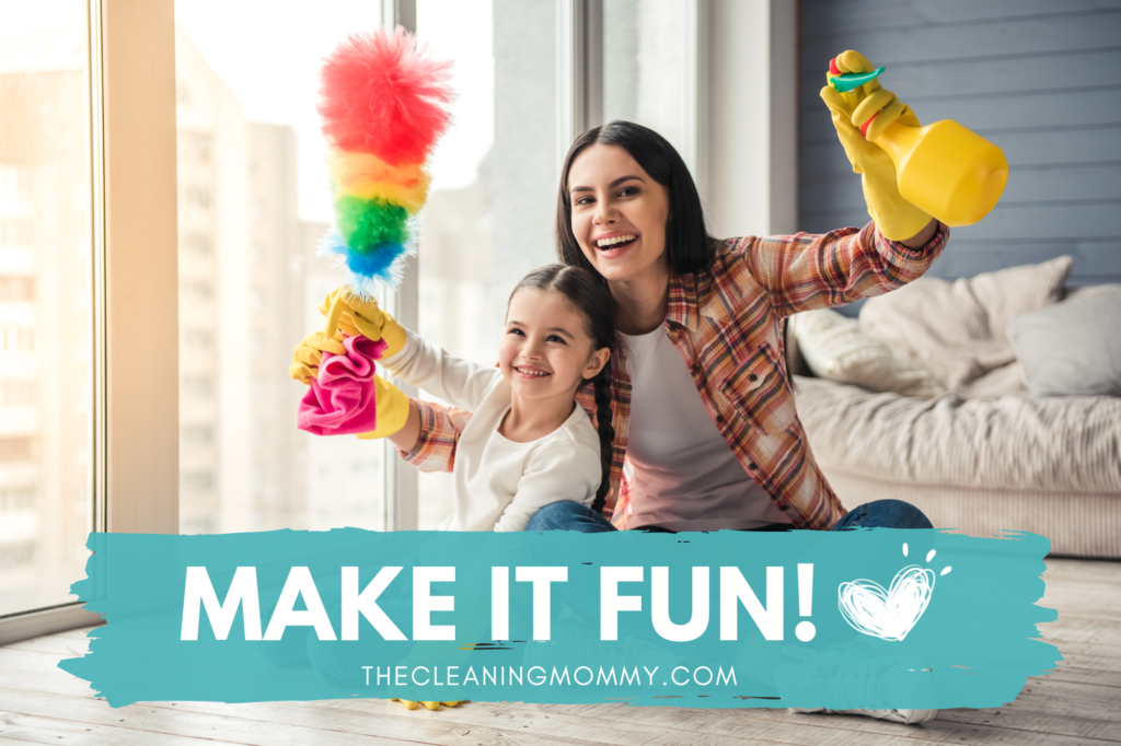 Mom and daughter with colorful (pink, green, yellow, blue) feather duster