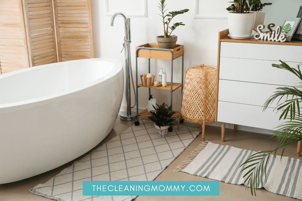 Porcelain white bath tub with beige bath rug beside it