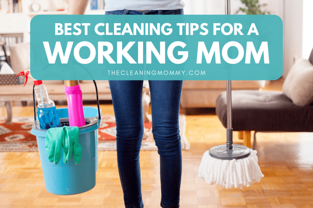 woman wiping down shelves as part of a busy mom cleaning routine