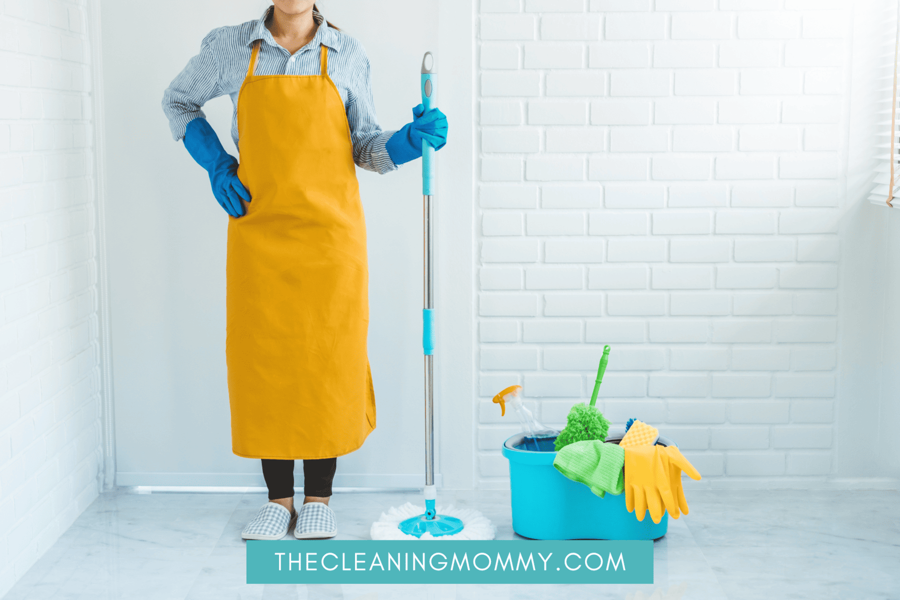 Woman standing in apron with cleaning supplies