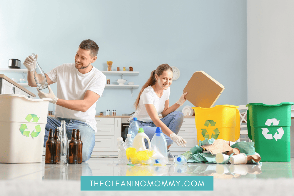 Husband and wife cleaning home together