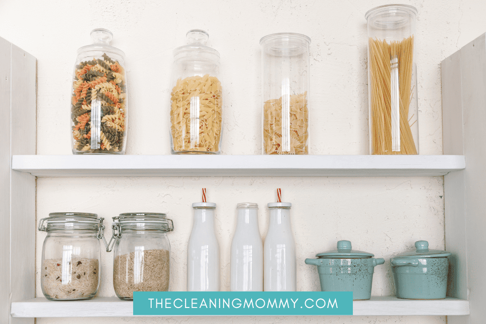 Storage containers for pasta, olive opil in cabinet