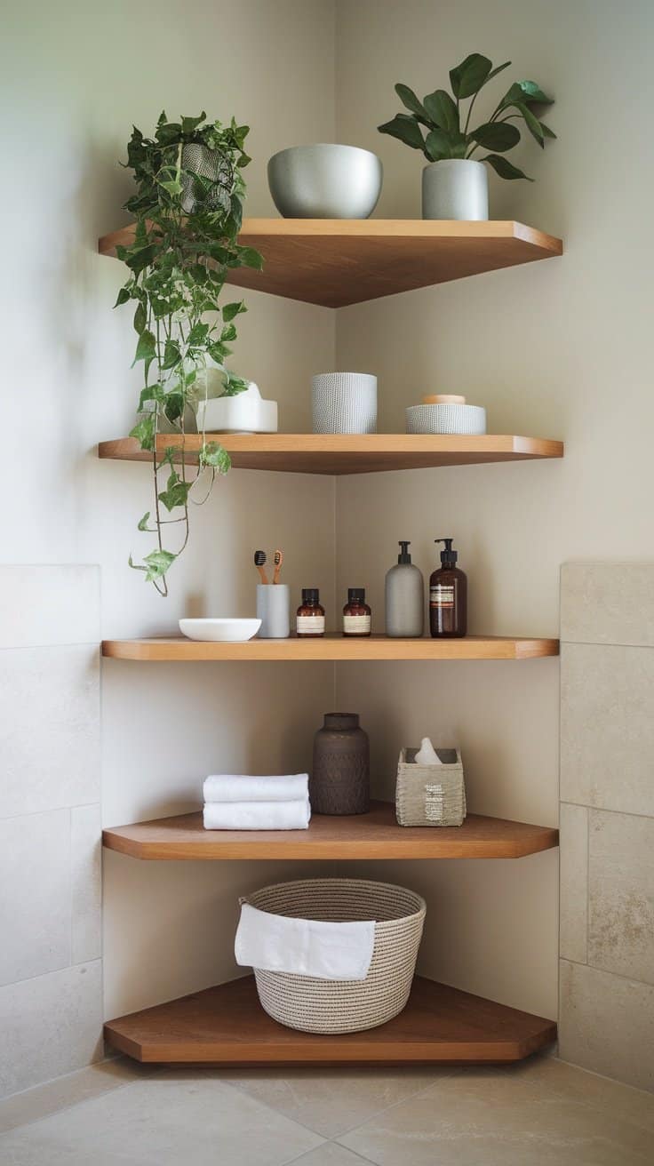 Stylish corner shelves with plants and bathroom essentials
