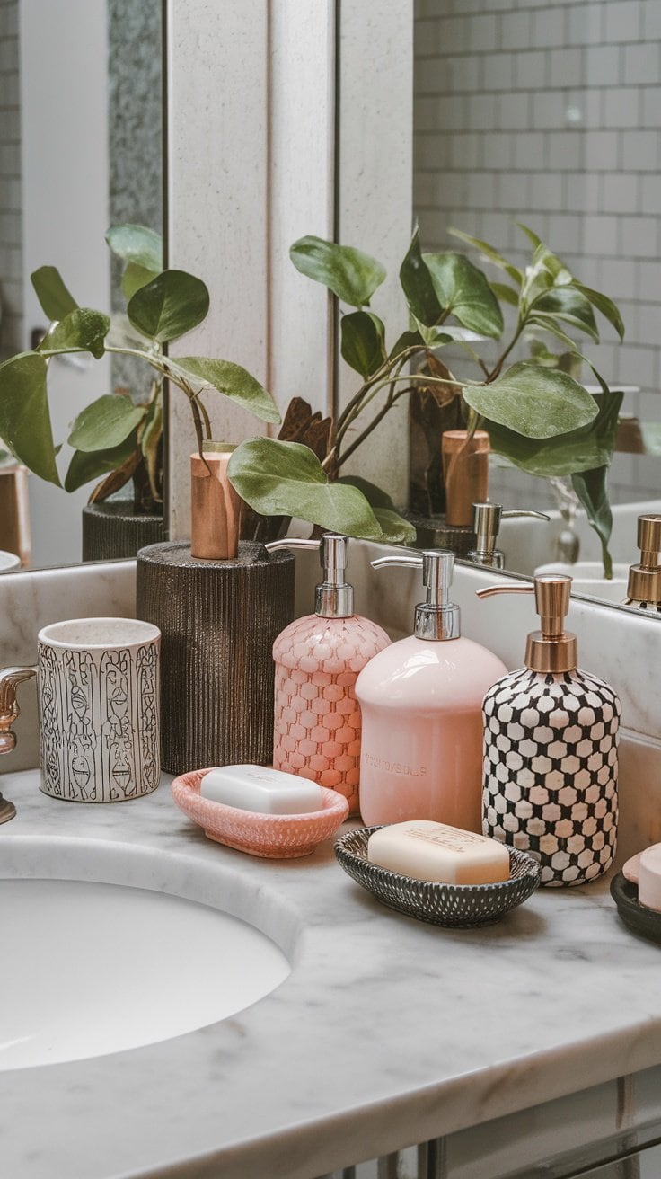 Stylish soap dispensers on a bathroom countertop with decorative trays.