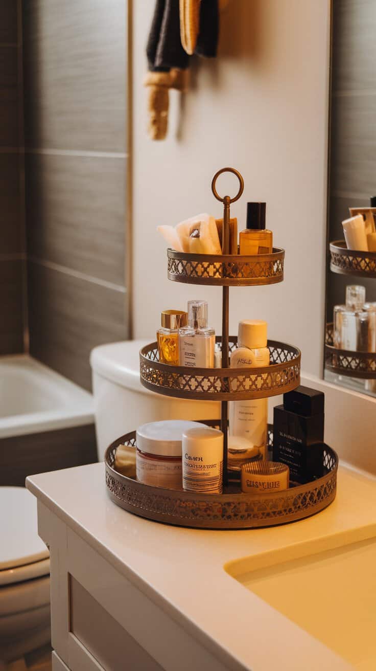A stylish tiered tray holding various skincare and beauty products on a bathroom countertop.