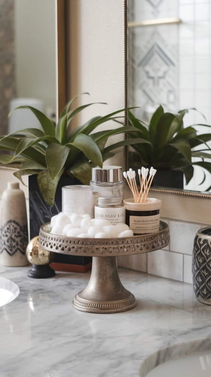 A stylish cake stand holding cotton balls and jars in a chic bathroom setting.