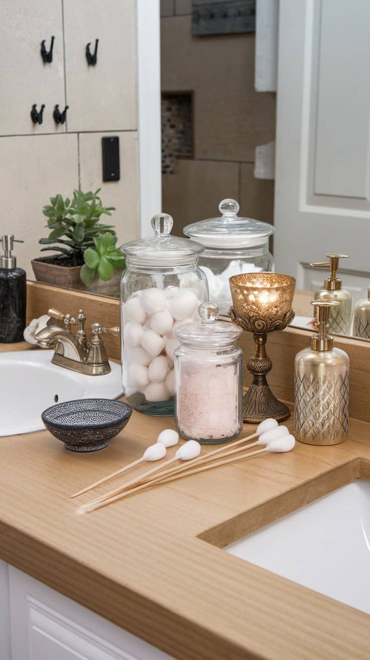 Glass jars on a bathroom countertop holding cotton balls, bath salts, and a decorative item.