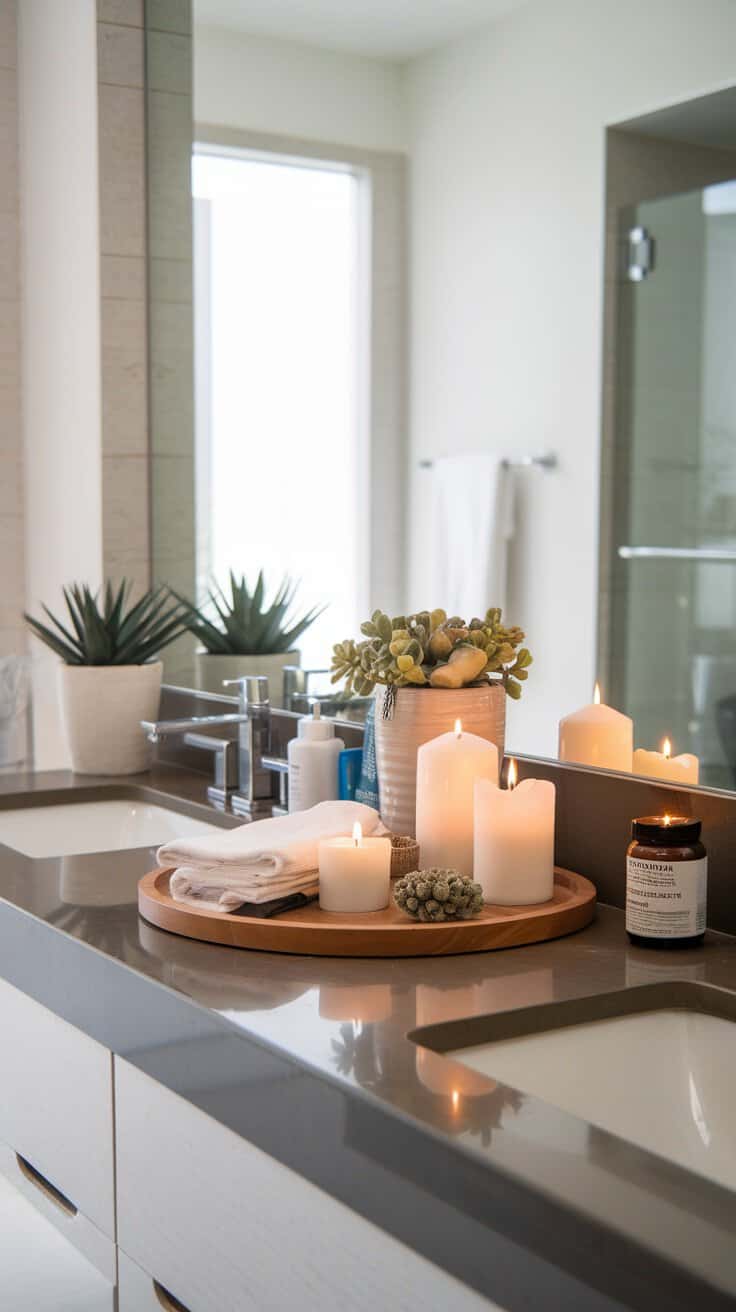 A bathroom countertop featuring a Lazy Susan with candles, towels, and plants.