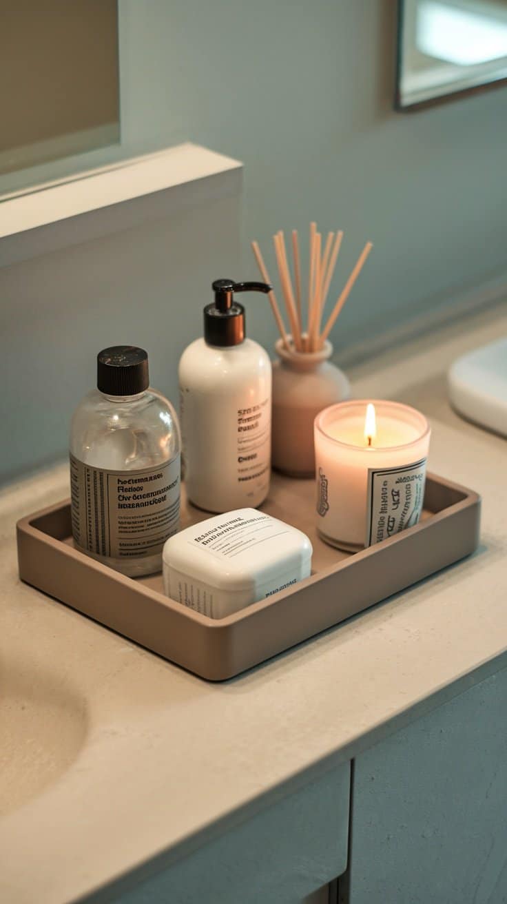 A bathroom countertop organized with a tray holding various beauty products and a candle.