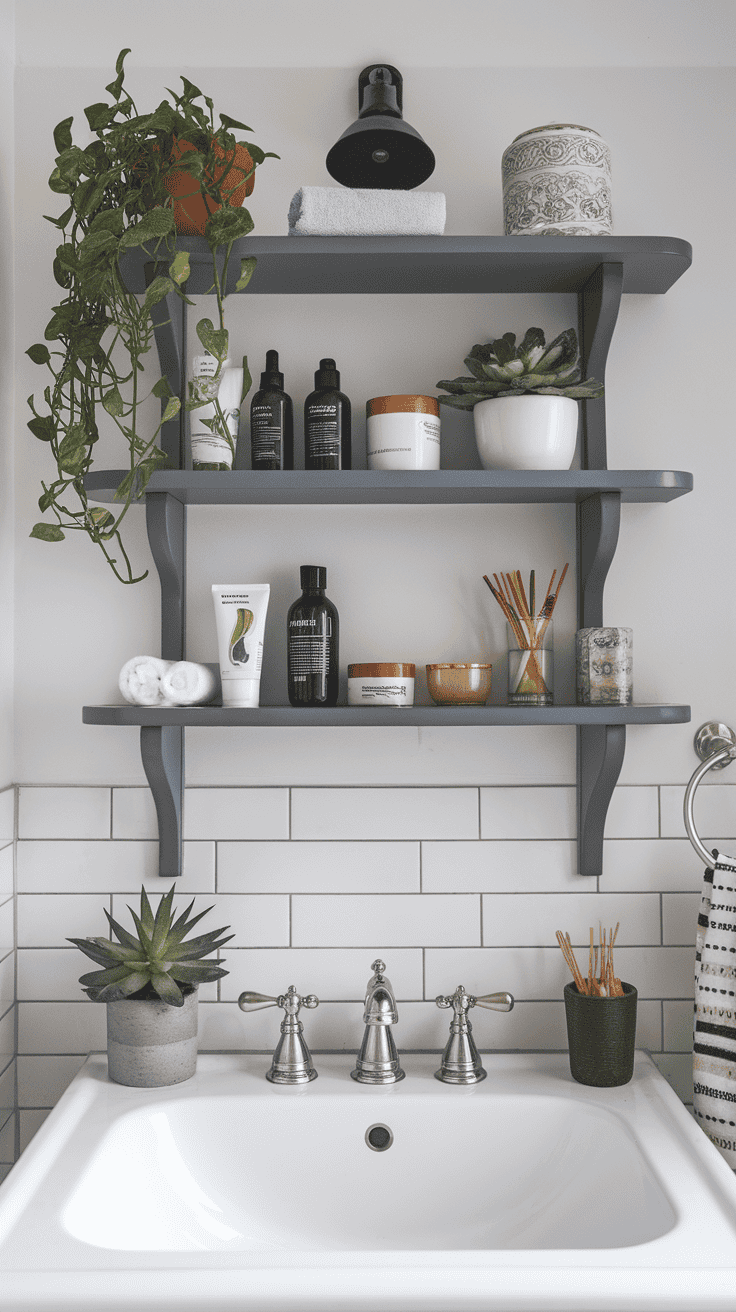 A stylish over-the-sink shelf with plants and various bathroom products.