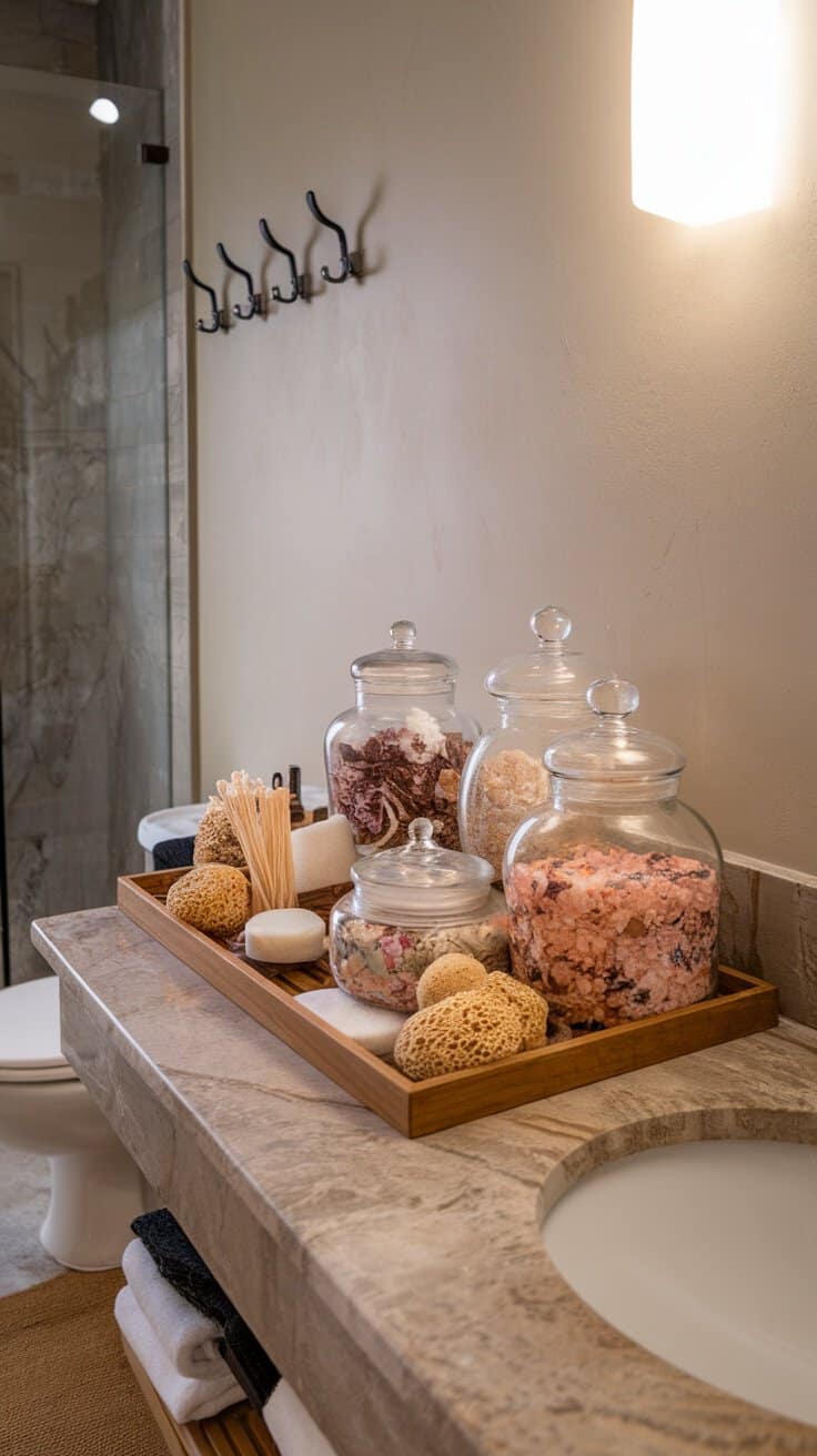 A bathroom countertop displaying apothecary jars filled with various bathroom essentials.