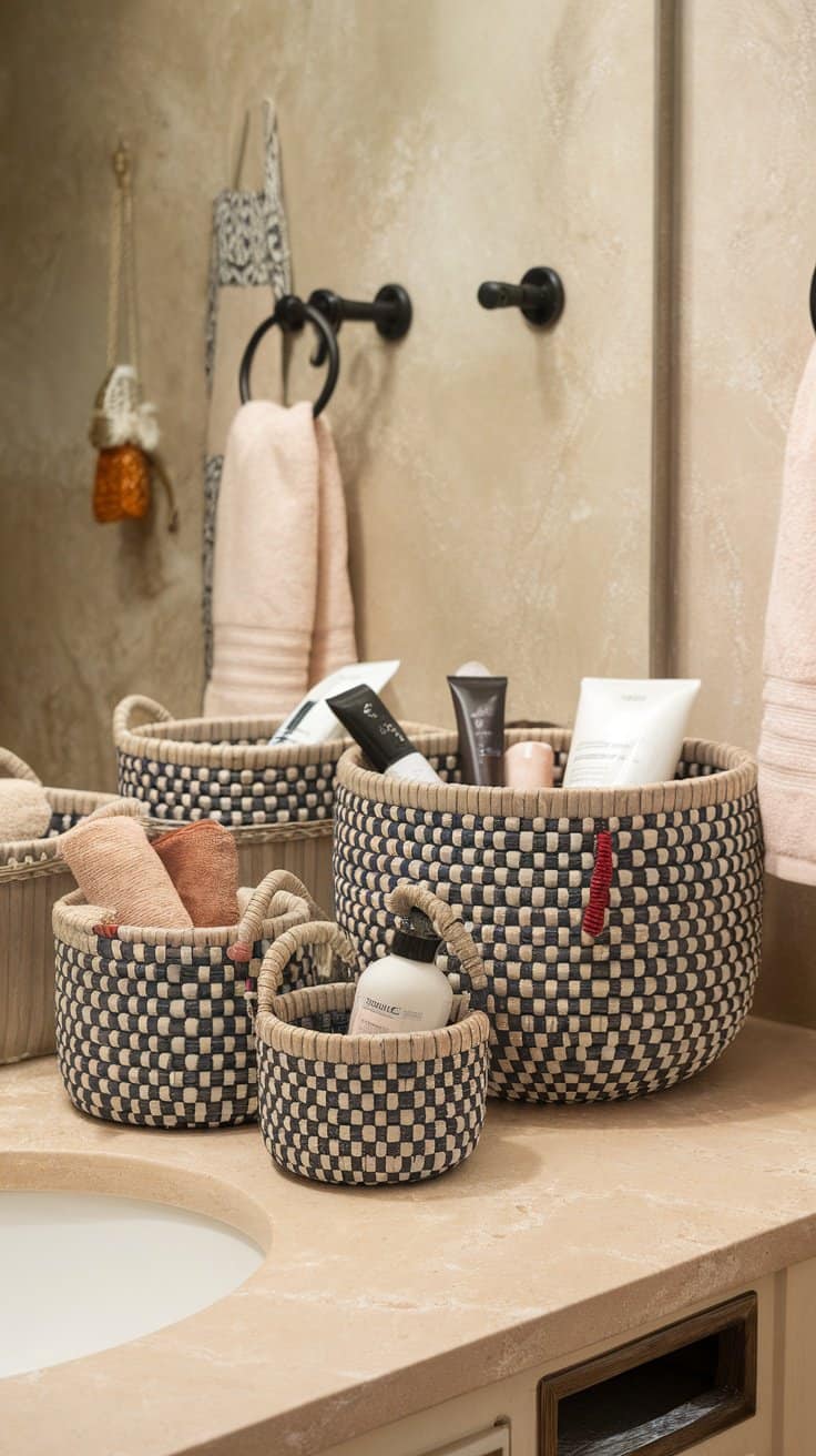 A collection of decorative woven baskets on a bathroom countertop, containing towels and toiletries.