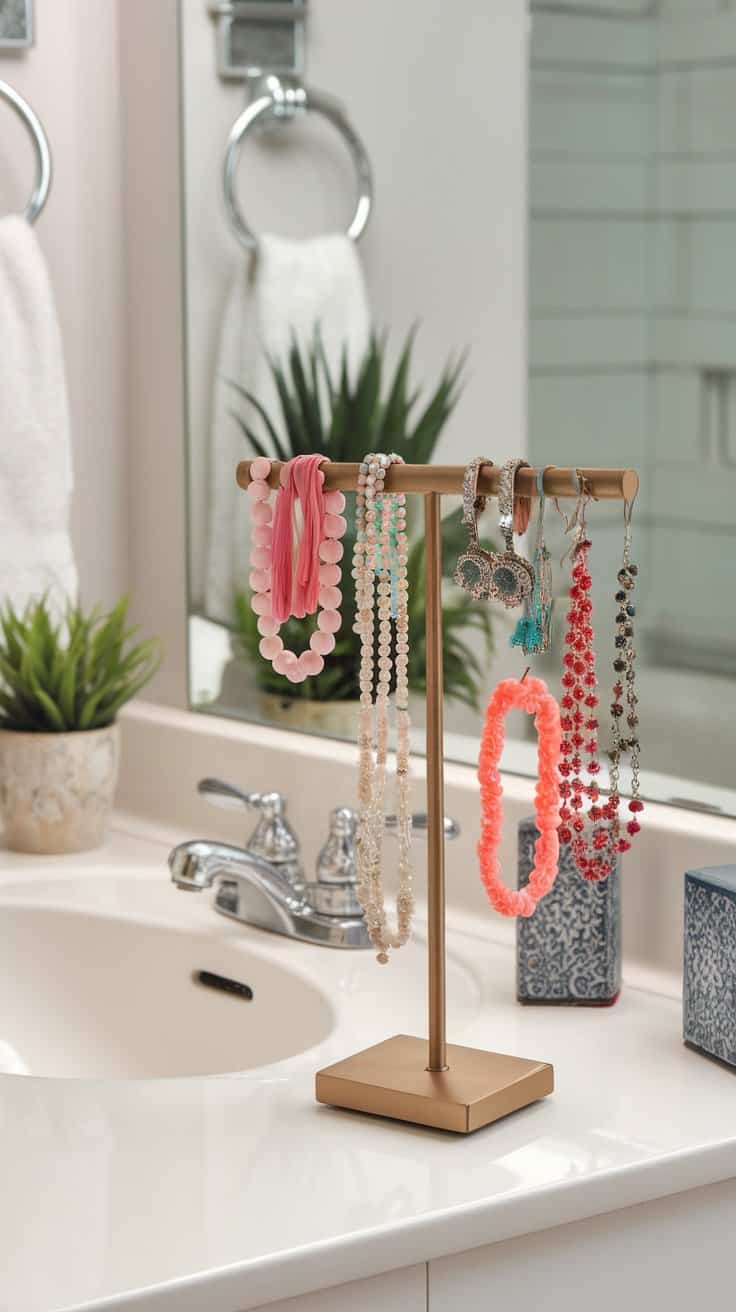 Compact jewelry stand with colorful accessories on a bathroom countertop.
